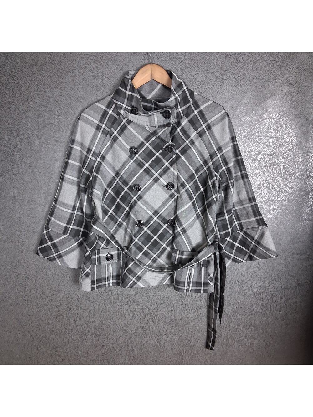Apt 9 Jacket Women Large Plaid Check Swing Coat Double Breasted Belt Funnel Neck